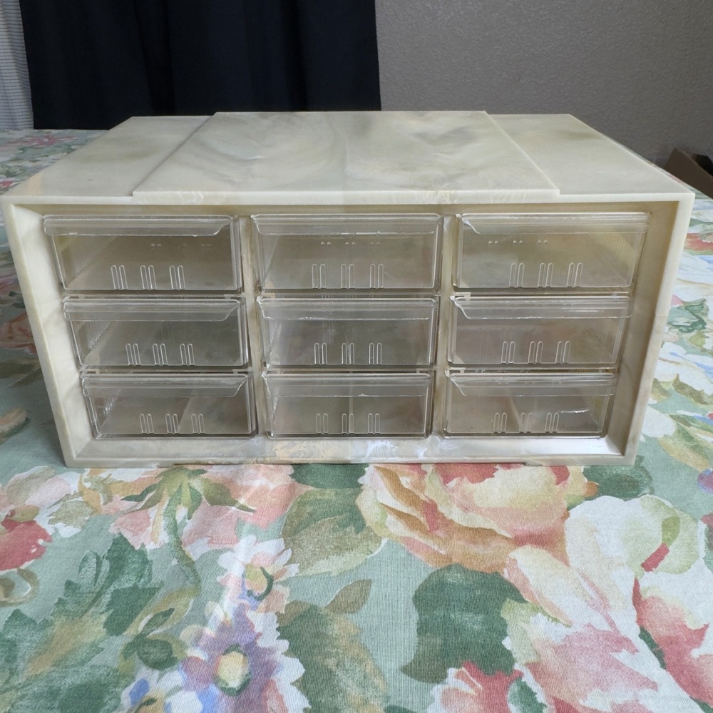VTG Akro-Mils 9 Drawer MCM Storage Cabinet Marbled Cream Swirl Plastic Organizer